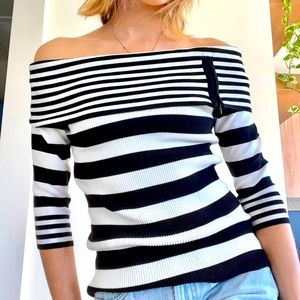 White House Black Market Knit Cotton Sweater Black and White Striped Size Large